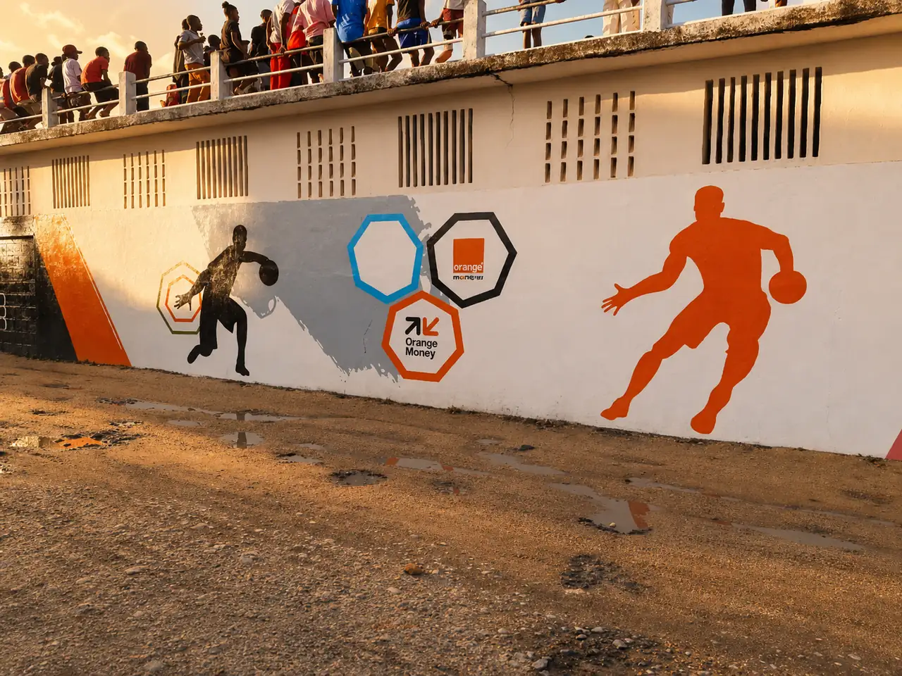 Mur extérieur d'une tribune habillé avec une fresque sportive Orange Money